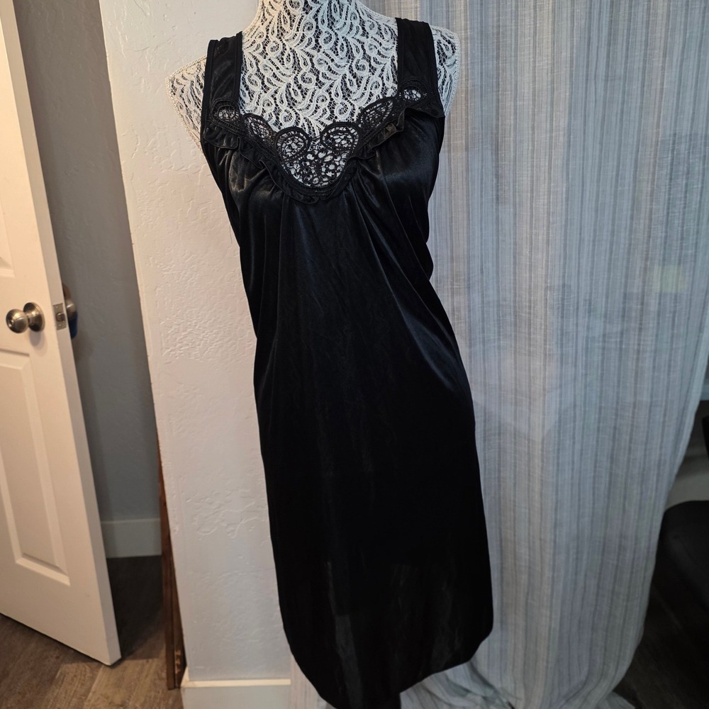 Lati Fashion  Chemise Slip Nightgown Womens M Black Satin Lace Trim Sleeveless